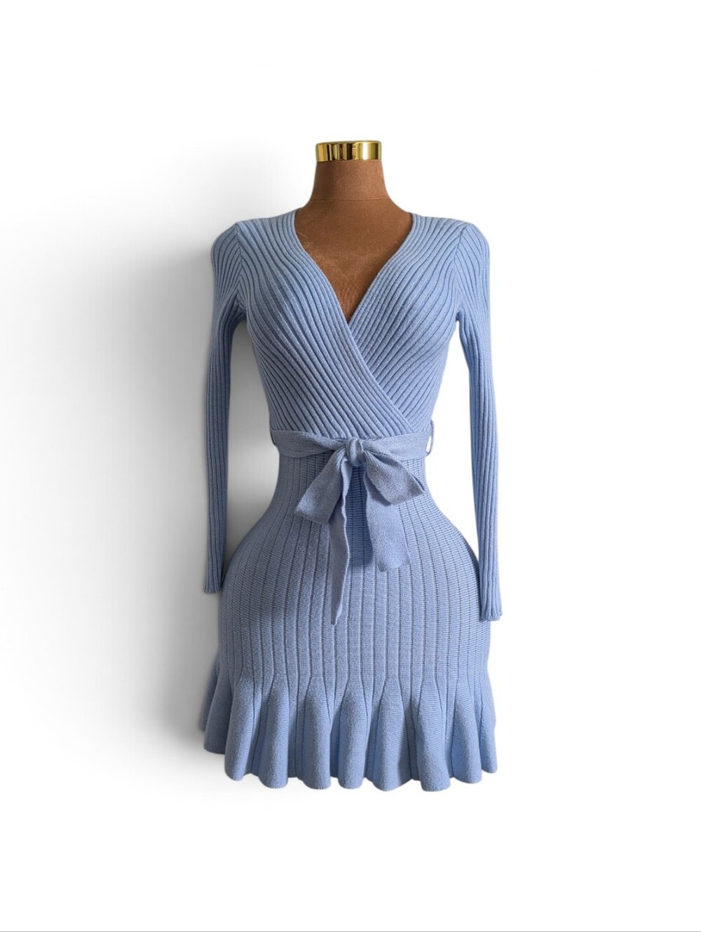 Light Blue Wrap Rib-Knit Mini Ruffle Dress - Picture 2 of 6